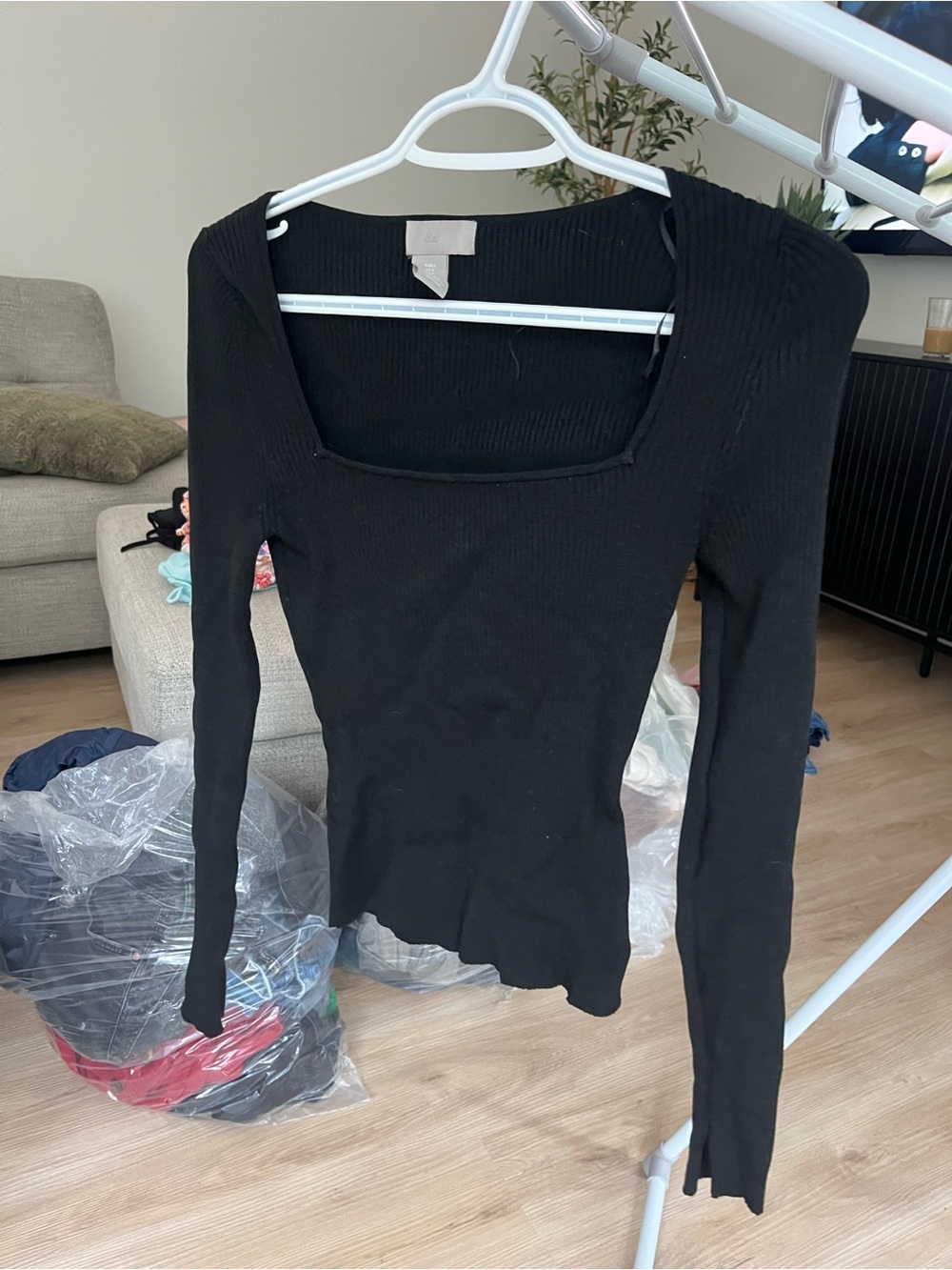 H&M Black Ribbed Square-Neck Long-Sleeve Top